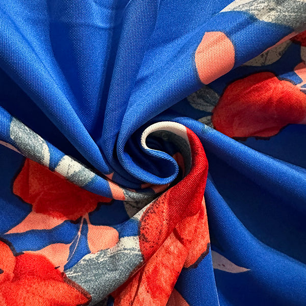 Red Rose Print on Royal Blue Scuba Knit Fabric