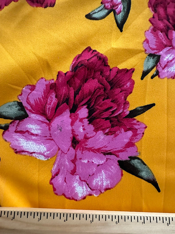 Pink Peony Floral Print on Gold Scuba Knit Fabric