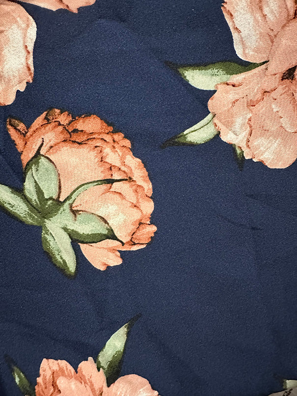 Peach Peony Floral Print on Navy Blue Scuba Knit Fabric