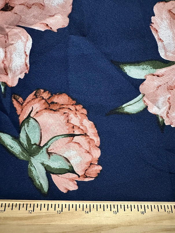 Peach Peony Floral Print on Navy Blue Scuba Knit Fabric