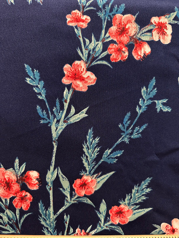 Dark Blue Floral Sprig Print Scuba Knit Fabric