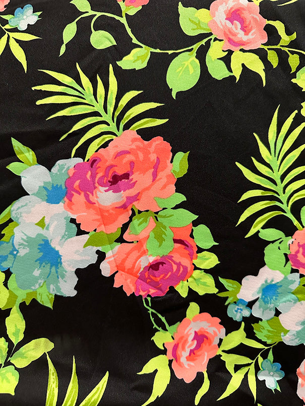 3 YD PC-Black Neon Rose Print Scuba Knit Fabric