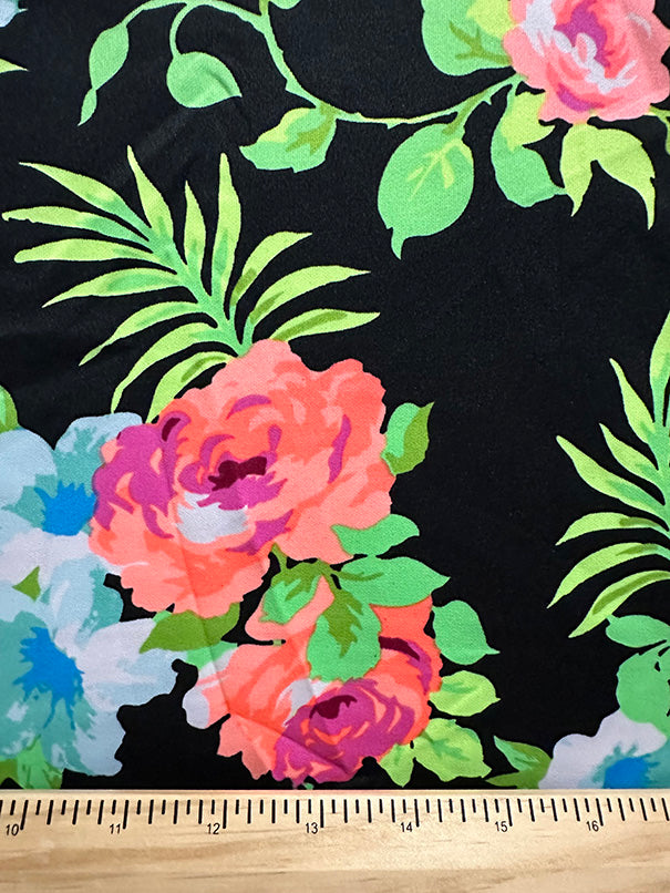 3 YD PC-Black Neon Rose Print Scuba Knit Fabric