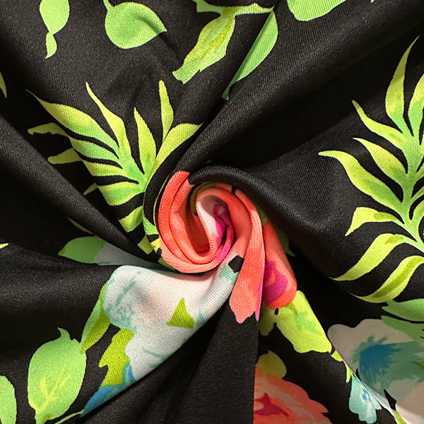 3 YD PC-Black Neon Rose Print Scuba Knit Fabric