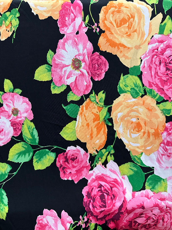 2 7/8 YD PC-Pink and Orange Roses Print ITY Jersey Knit Fabric