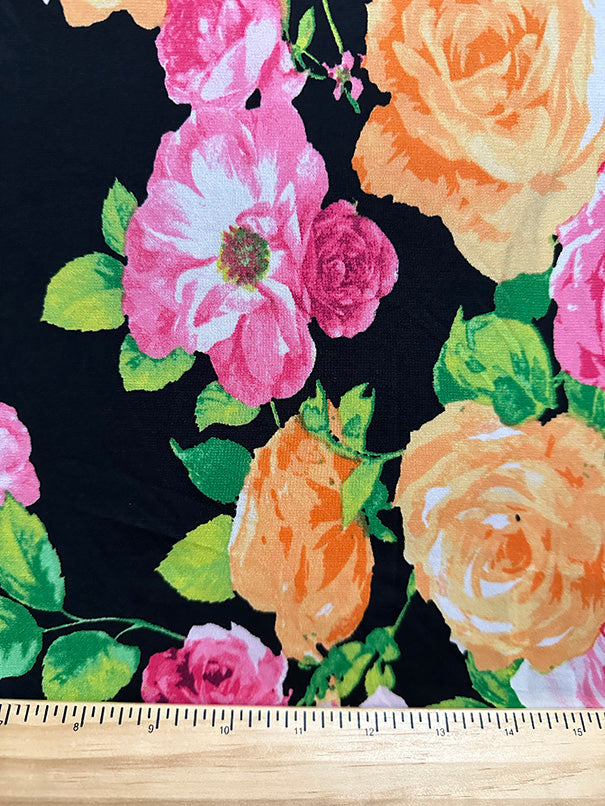 Pink and Orange Roses Print ITY Jersey Knit Fabric