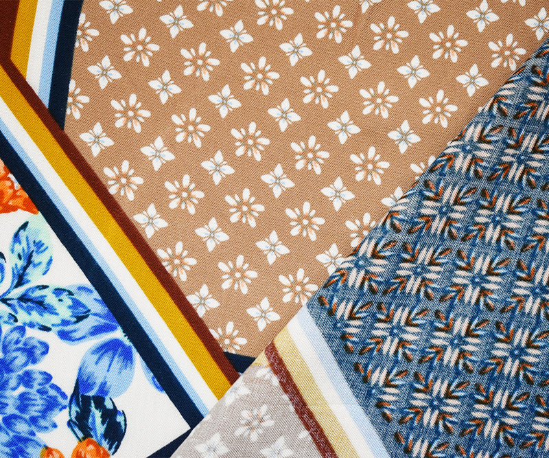 Blue-Orange-Multi Rayon Multi Panel Printed Challis Woven Fabric