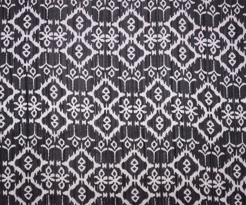 Black-Purple Poly Tile Abstract Ikat Printed Silver Stripe Chiffon Fabric