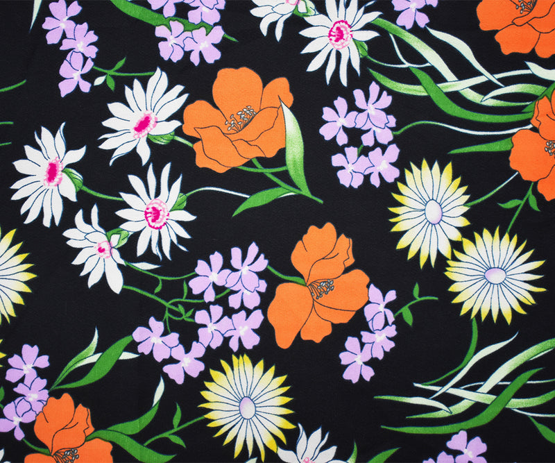 Black-Orange-Multi Poly Floral Printed Chiffon Woven Fabric