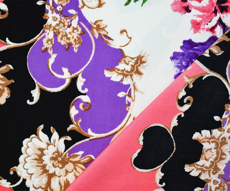 Purple-Multi Poly Floral Multi-Pattern Border Printed Faille Woven Fabric