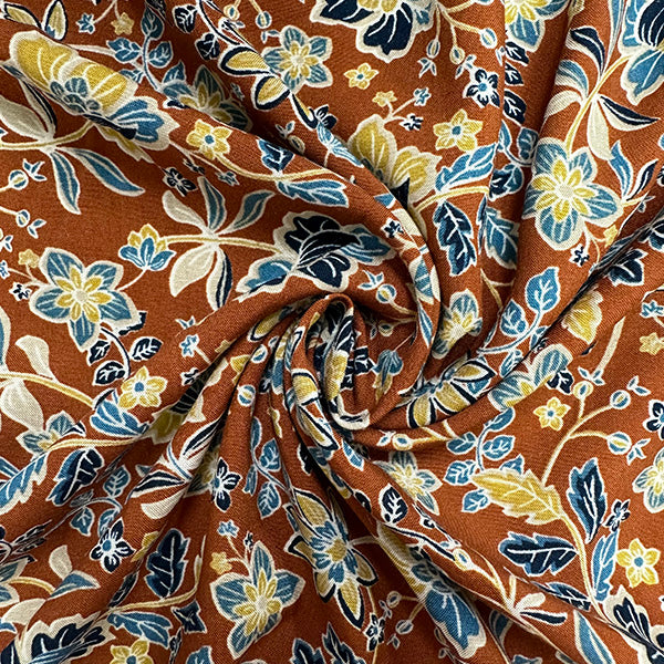 1 YD PC-Copper Floral Vine Multi Print Woven Challis Fabric