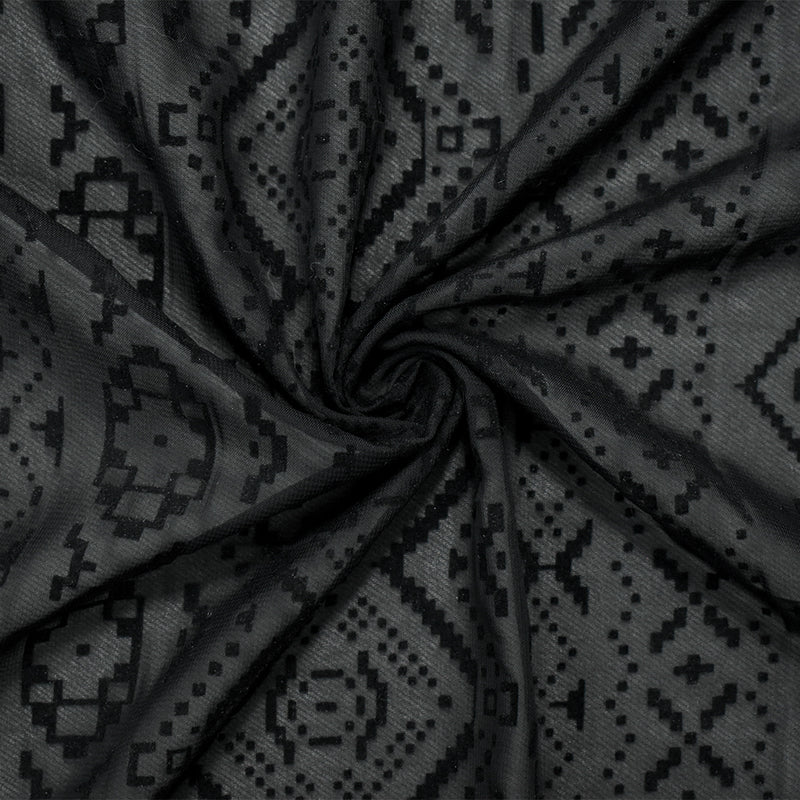 5 1/2 YD PC-Black Polyester Aztec Velvet Flocked Printed Chiffon Woven Fabric
