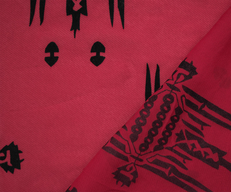 Red-Black Poly Aztec Motif Velvet Flocked Printed Chiffon Woven Fabric