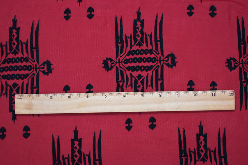 Red-Black Poly Aztec Motif Velvet Flocked Printed Chiffon Woven Fabric