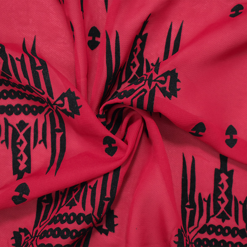 Red-Black Poly Aztec Motif Velvet Flocked Printed Chiffon Woven Fabric