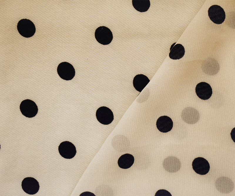 Beige-Black Poly Dot Velvet Flocked Chiffon Woven Fabric