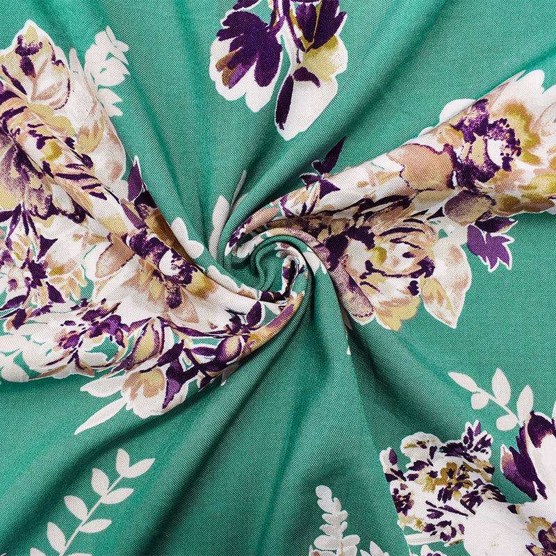 4 YD PC-Ash Green-Brown-Multi Rayon Floral Printed Challis Woven Fabric