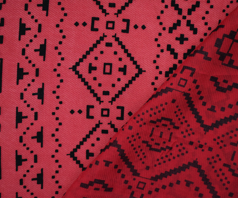 Red-Black Poly Aztec Geometric Velvet Flocked Printed Chiffon Woven Fabric