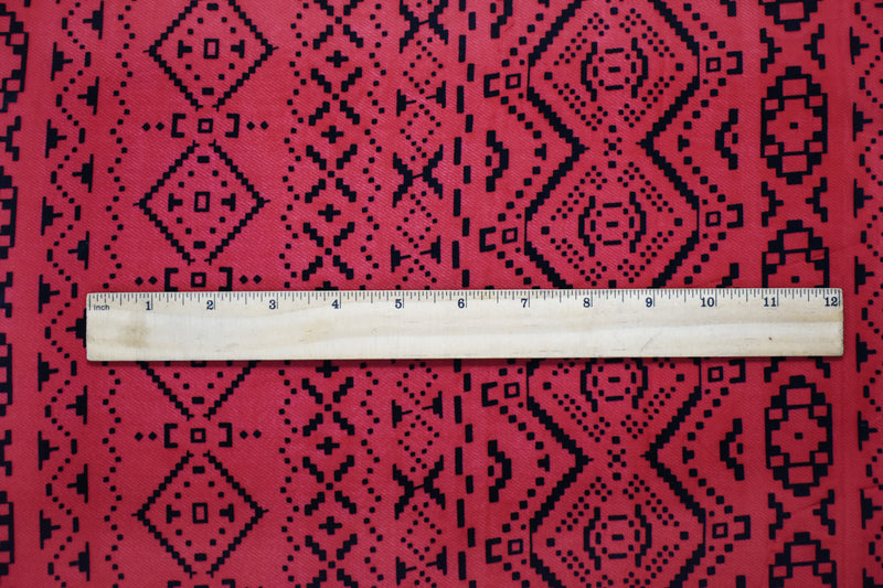 Red-Black Poly Aztec Geometric Velvet Flocked Printed Chiffon Woven Fabric