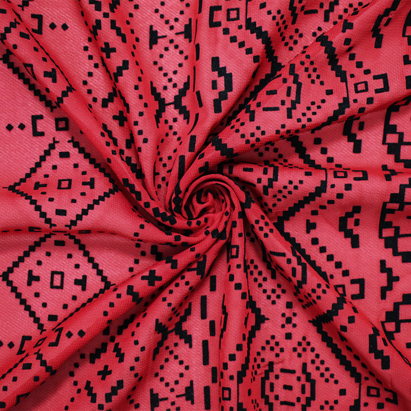 Red-Black Poly Aztec Geometric Velvet Flocked Printed Chiffon Woven Fabric