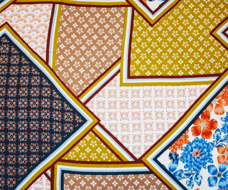 1 YD PC-Orange-Multi Cotton Multi Panel Pattern Printed Crinkled Gauze Woven Fabric