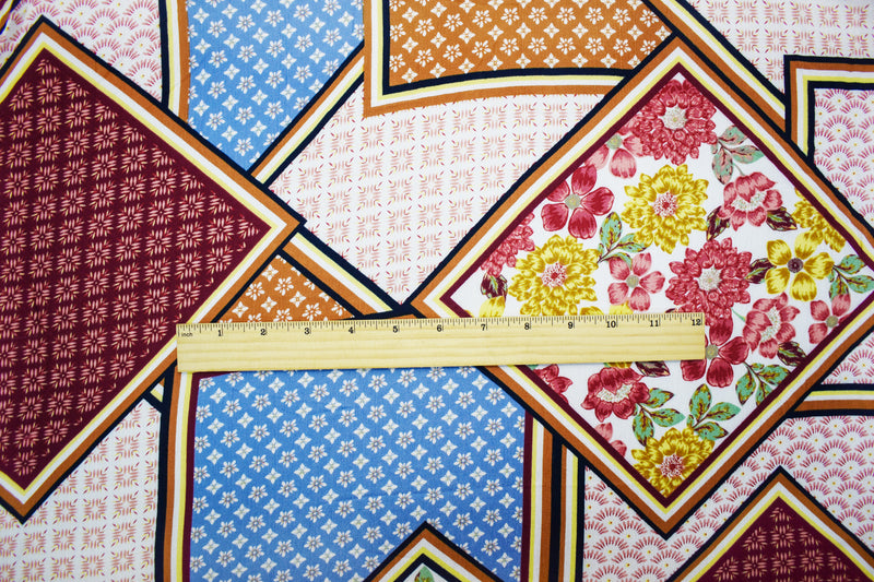 Red-Orange-Multi Rayon Multi Panel Pattern Printed Gauze Woven Fabric