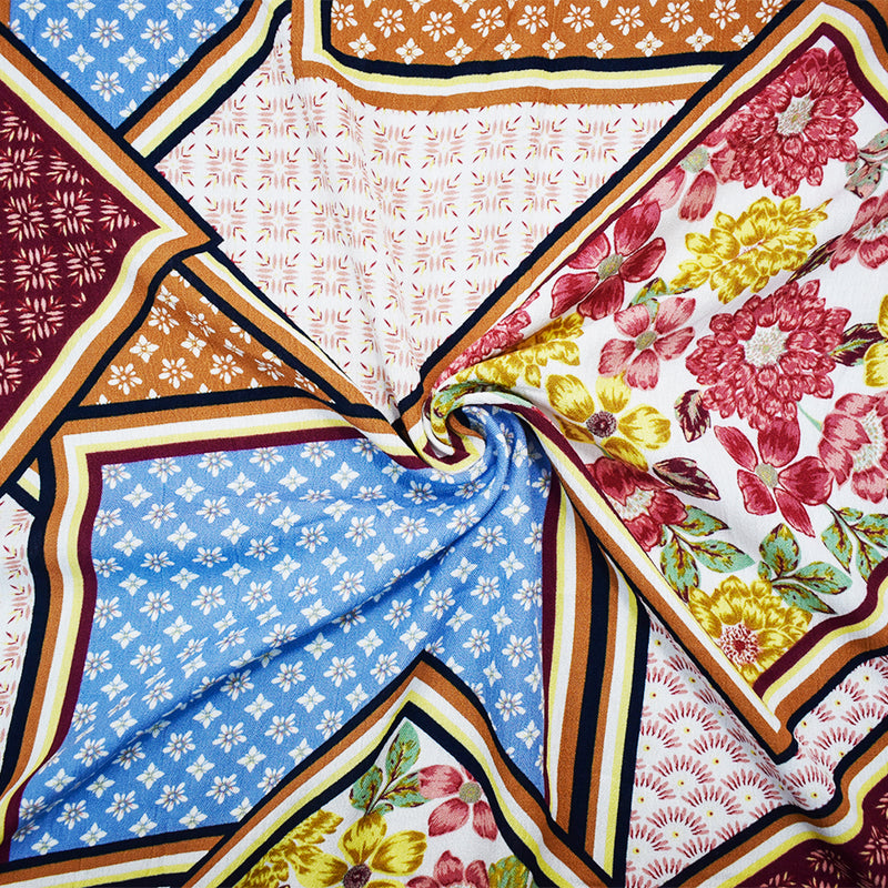 Red-Orange-Multi Rayon Multi Panel Pattern Printed Gauze Woven Fabric