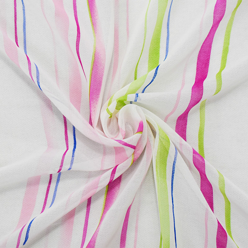 Pink-White-Multi Poly Stripe Printed Chiffon Woven Fabric