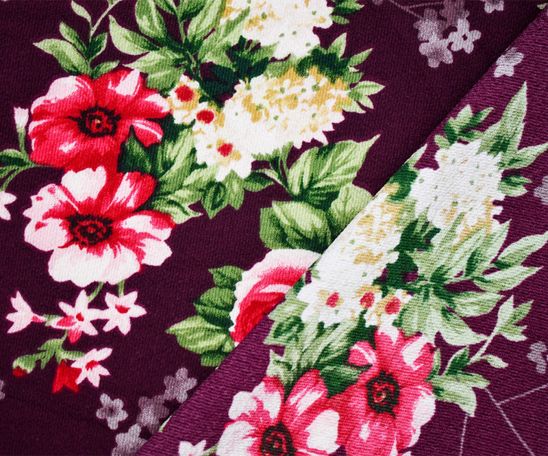 Deep Burgundy-Multi Poly Floral Printed Pebble Crepe Woven Fabric