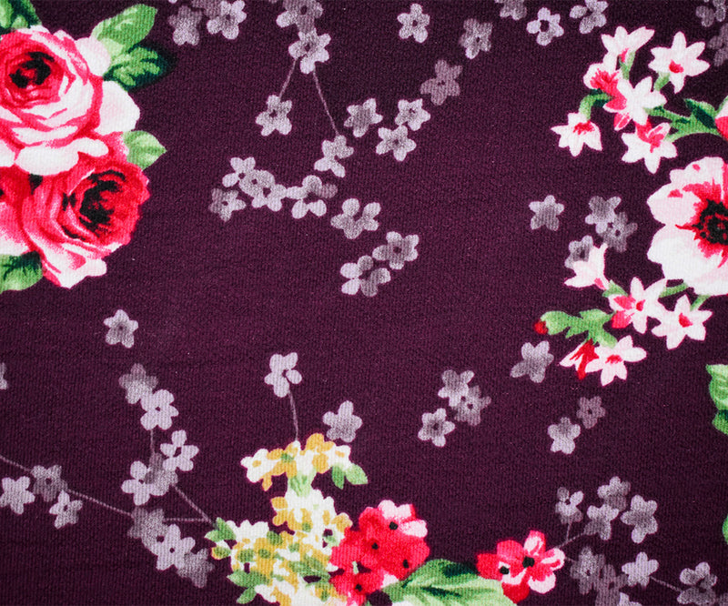 Deep Burgundy-Multi Poly Floral Printed Pebble Crepe Woven Fabric