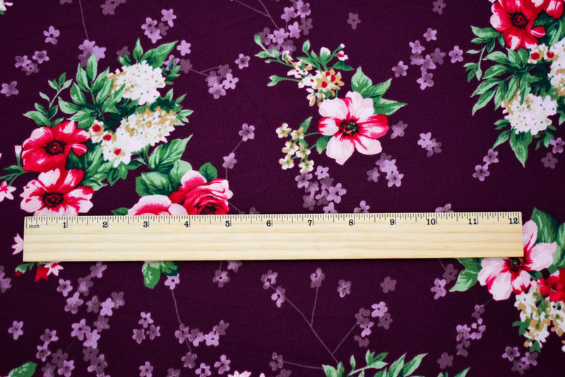 Deep Burgundy-Multi Poly Floral Printed Pebble Crepe Woven Fabric