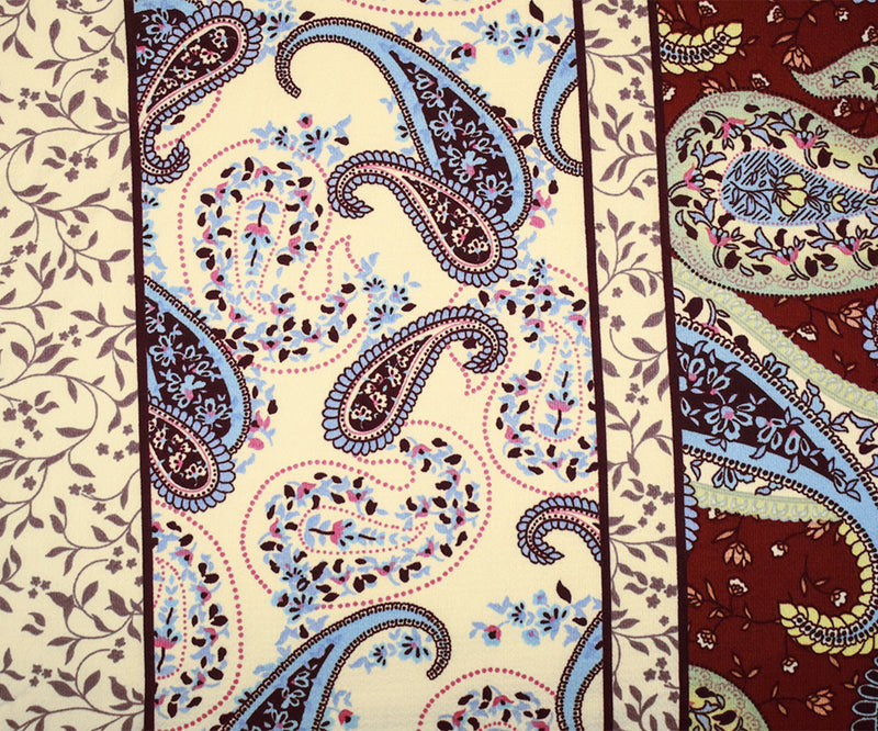 Red-Blue-Multi Poly Paisley Border Printed Pebble Crepe Woven Fabric