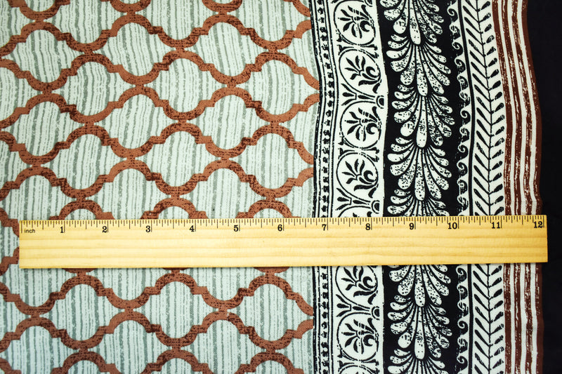 Brown-Gray-Multi Border Multi Pattern Printed Twill Woven Fabric