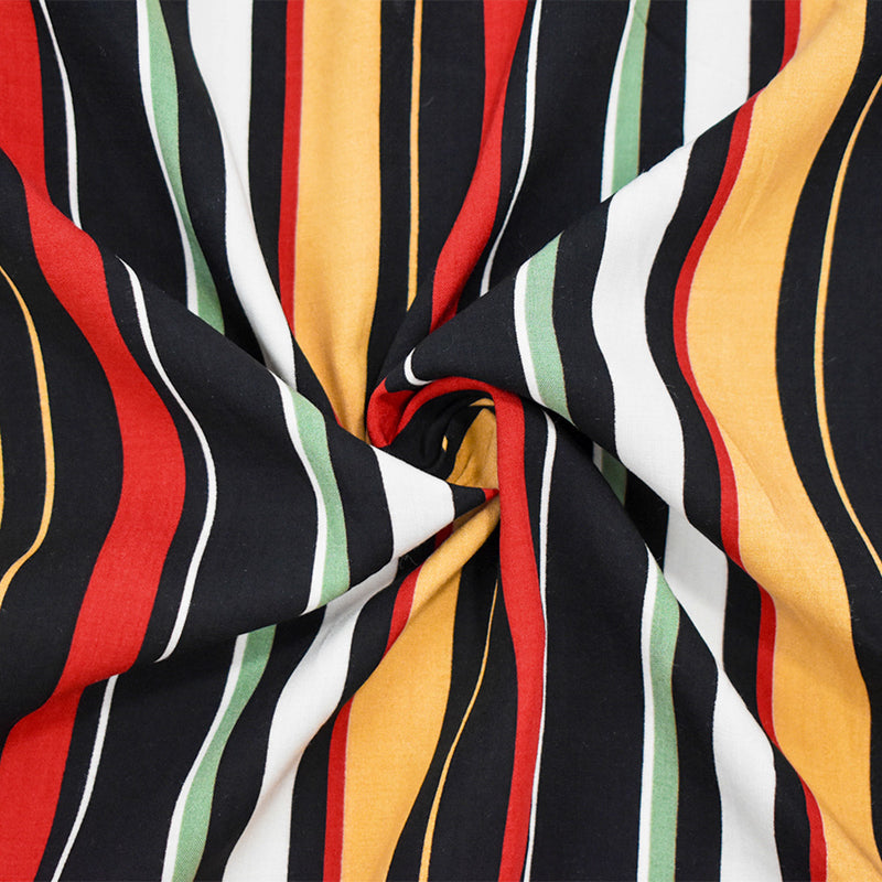 Black-Red-Multi Rayon Stripe Printed Challis Woven Fabric