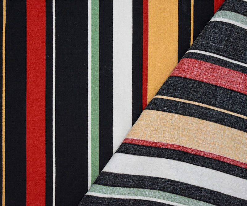 Black-Red-Multi Rayon Stripe Printed Challis Woven Fabric