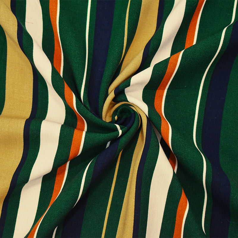 Green-Beige-Multi Rayon Stripe Printed Challis Woven Fabric