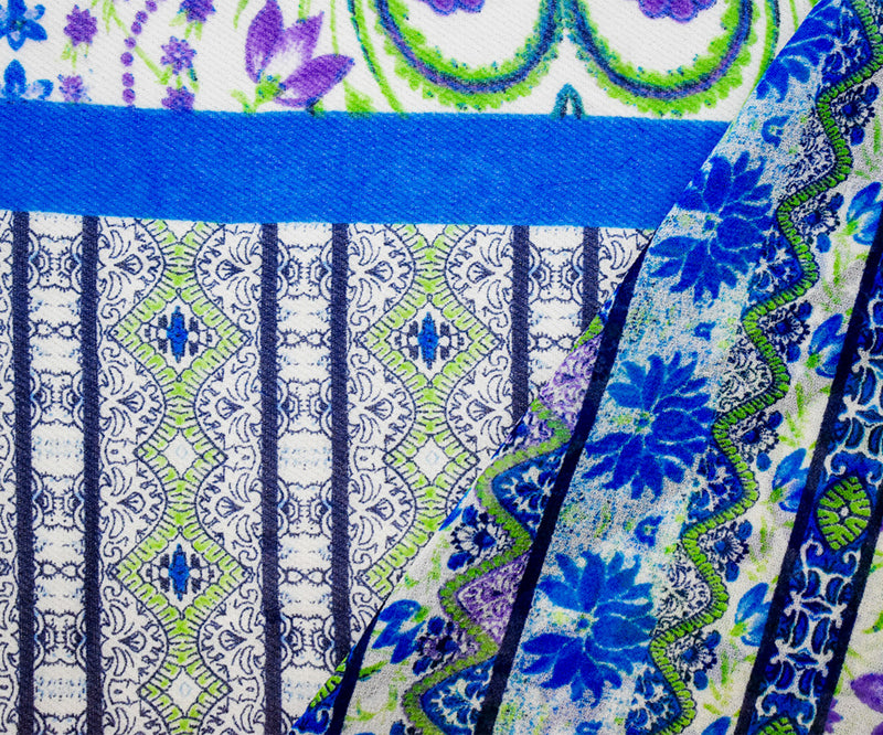 Blue-Purple-White Multi Pattern Floral Stripe Print Chiffon Woven Fabric