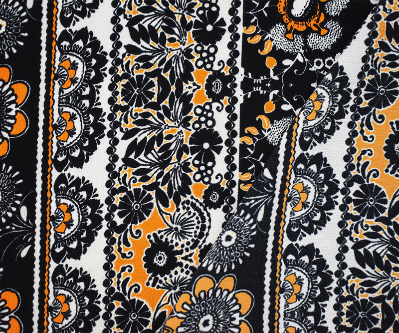 Black-Yellow-Ivory Poly Bandana Printed Pebble Crepe Woven Fabric