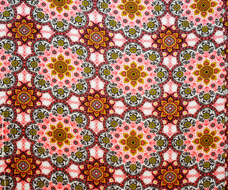 Brown-Coral-Multi Poly Moroccan Border Printed Crepe Georgette Fabric