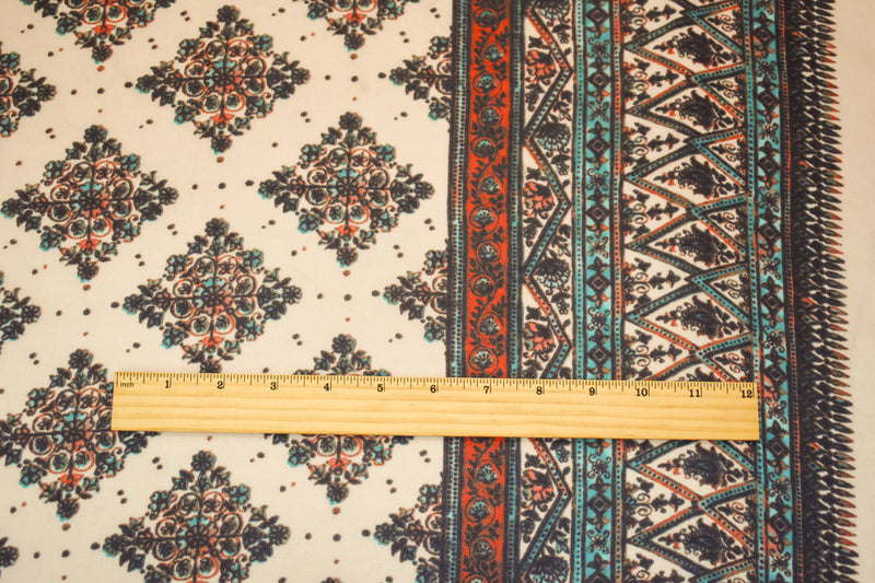Turquoise-Coral-Multi Poly Bordered Crest Printed Chiffon Woven Fabric