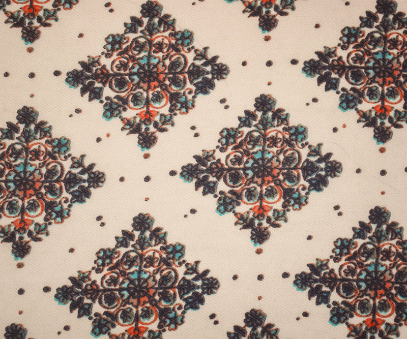 Turquoise-Coral-Multi Poly Bordered Crest Printed Chiffon Woven Fabric
