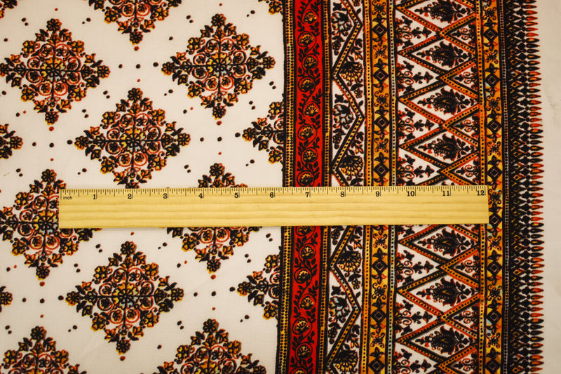 Orange-Black-Multi Poly Bordered Crest Printed Pebble Crepe Woven Fabric