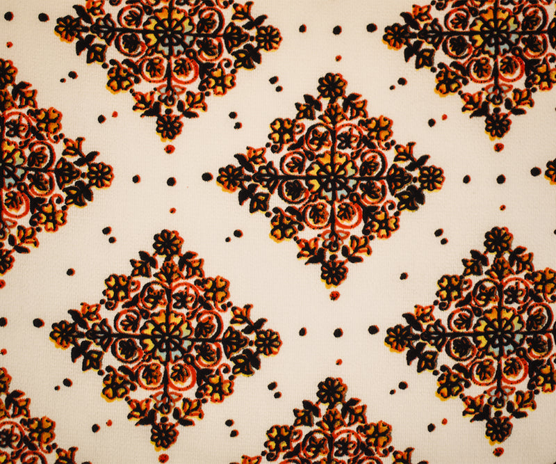 Orange-Black-Multi Poly Bordered Crest Printed Pebble Crepe Woven Fabric