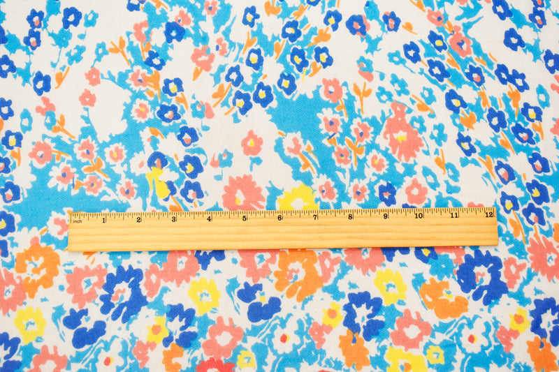 Aqua Blue-Orange-Multi Poly Floral Printed Chiffon Woven Fabric