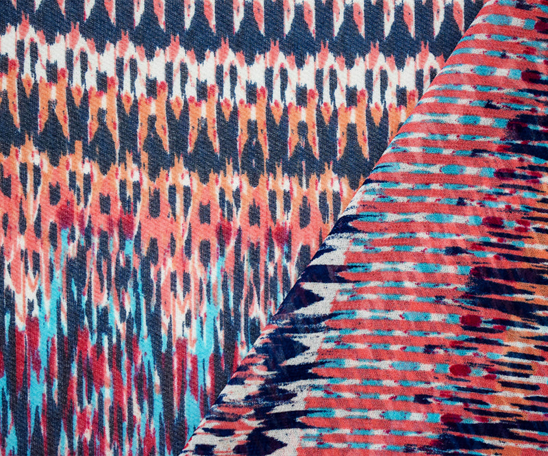 Navy-Coral-Multi Poly Aztec Ikat Pattern Printed Chiffon Woven Fabric