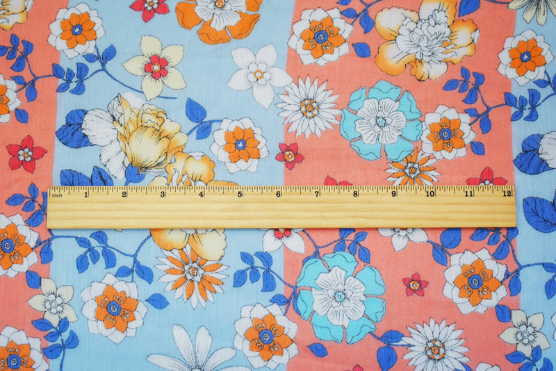 Light Blue-Orange-Multi Poly Floral Printed Yoryu Chiffon Woven Fabric