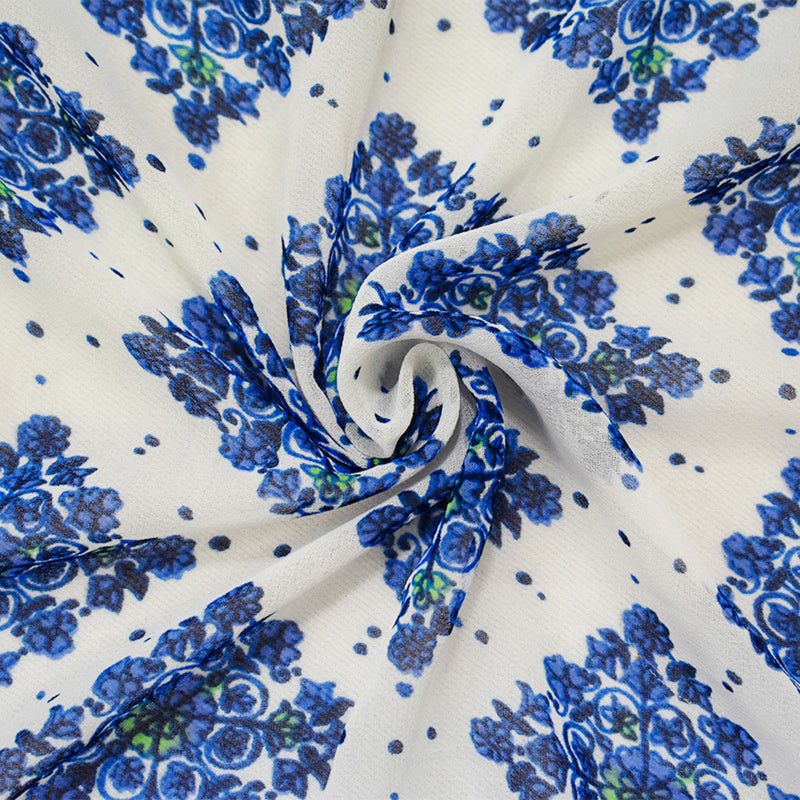 Blue-White-Green Poly Border Printed Chiffon Woven Fabric