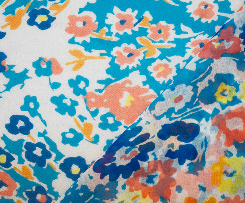 Blue-Orange-Multi Polyester Floral Printed Chiffon Woven Fabric