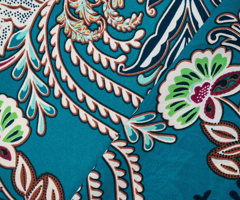 Teal-Green-Multi Poly Floral Baroque Printed Chiffon Woven Fabric
