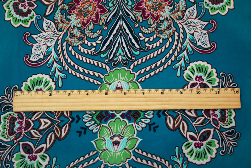 Teal-Green-Multi Poly Floral Baroque Printed Chiffon Woven Fabric